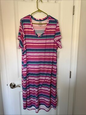 Striped V-Neck Midi Dress in Pink & Teal